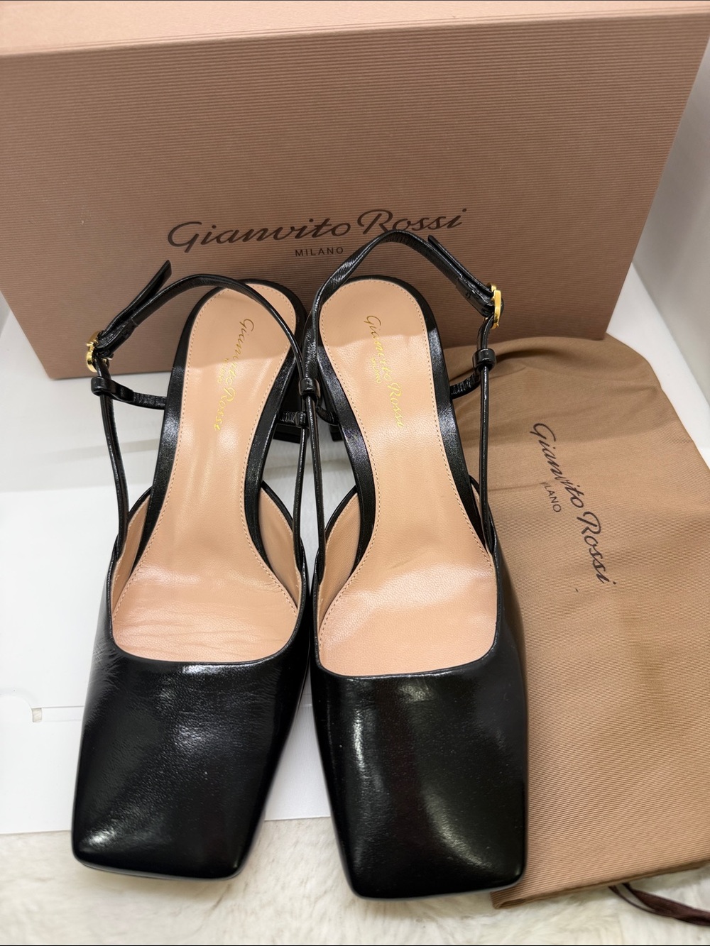Gianvito Rossi Black Leather Square-Toe Slingback Pumps
